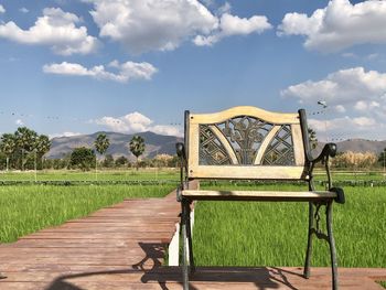 Empty bench in park against sky