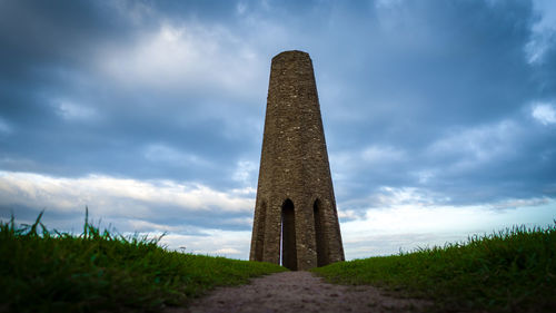 Low angle view of castle on field against sky