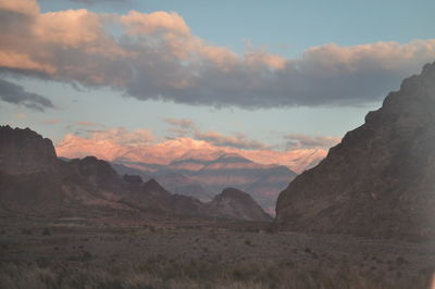 Scenic view of mountains against sky during sunset