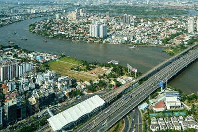 High angle view of buildings in city