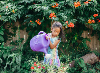 Diverse mixed race pre school girl outdoors during summer watering plants in garden