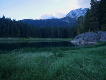 Scenic view of lake and mountains against sky