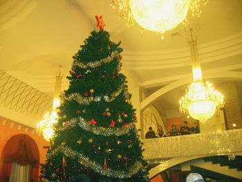 Low angle view of illuminated christmas lights hanging from ceiling