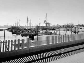 Sailboats moored at harbor against sky