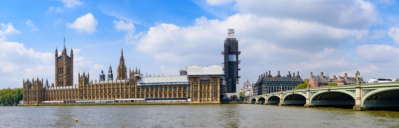 Panoramic view of bridge over river against cloudy sky