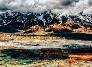 Scenic view of mountains against cloudy sky