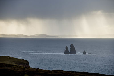 Scenic view of rocks in sea against sky