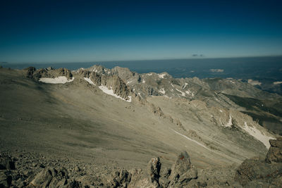 Panoramic view of landscape and mountains against clear blue sky