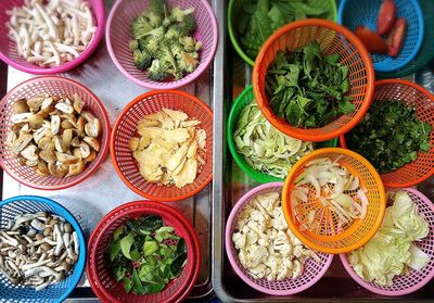 High angle view of food on table at market