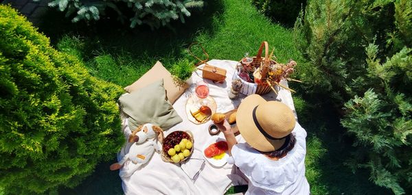 High angle view of various fruits on table