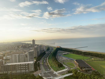 High angle view of cityscape against sky