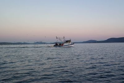 Boat in sea against clear sky