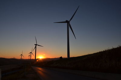 Silhouette of wind turbines at sunset