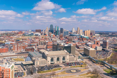 High angle view of buildings against sky