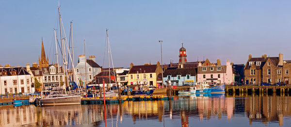 Sailboats in river by buildings against sky