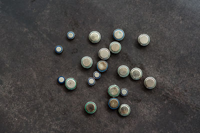 High angle view of coins on table