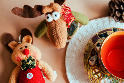 High angle view of stuffed toy on table