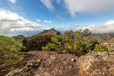 Panoramic view of landscape and mountains against sky