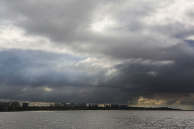 Scenic view of sea against storm clouds