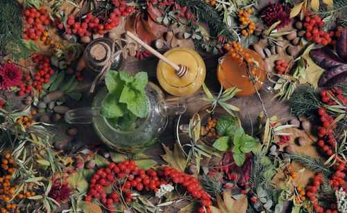 Autumn wooden background, where there are a lot of dry leaves, berries, flowers and nuts 