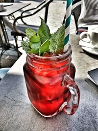 High angle view of drink on table