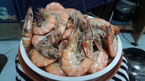 High angle view of seafood in plate on table