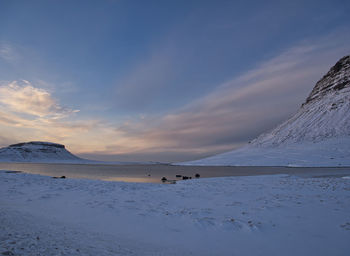 Scenic view of snowcapped mountains against sky during winter