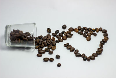 High angle view of coffee beans against white background