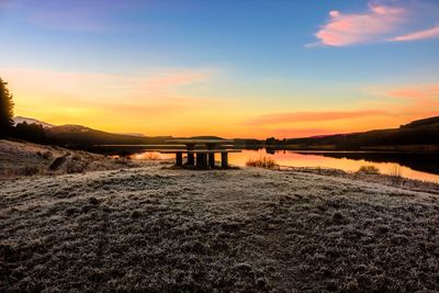 Scenic view of river against sky during sunset