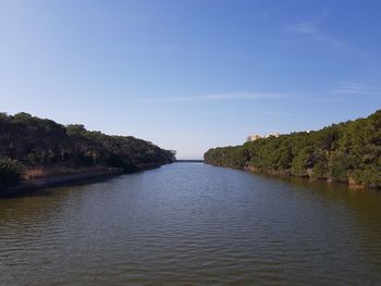 River amidst trees against blue sky