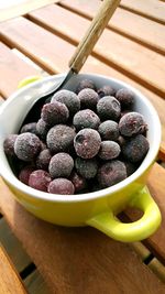 High angle view of fruits in bowl on table