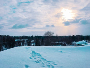 Scenic view of snow covered land against sky during sunset