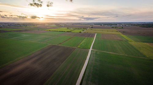 Scenic view of agricultural field against sky during sunset