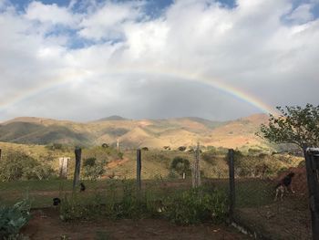 Rainbow over field against sky