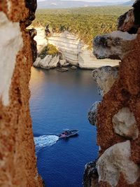 High angle view of rock formation at beach