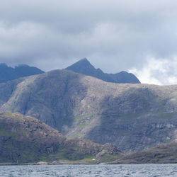 Scenic view of sea and mountains against sky