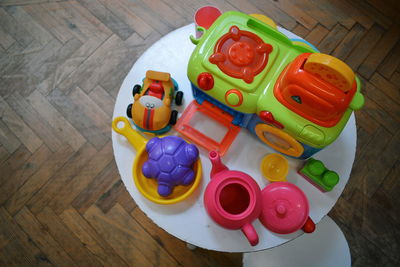 High angle view of toys on table