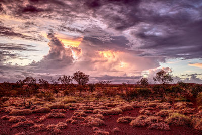 Scenic view of field against dramatic sky