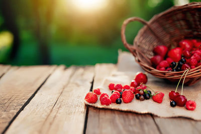 Close-up of strawberries in basket on table