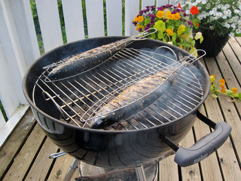 Close-up of barbecue grill in yard