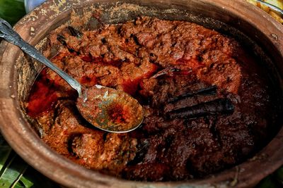 High angle view of meat in container