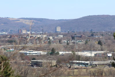 Townscape with mountain range in background