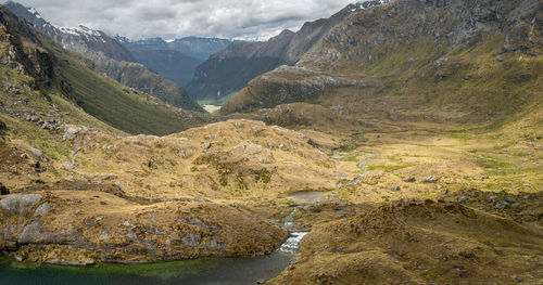 Scenic view of mountains against cloudy sky