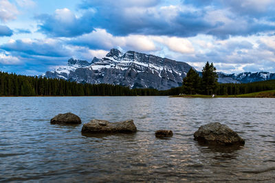 Scenic view of lake and mountains against sky