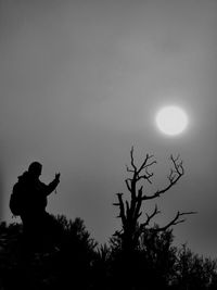 Silhouette man by bare tree against sky