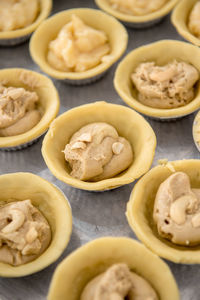 High angle view of tartlets in baking sheet