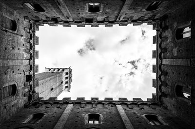 Directly below shot of historic building against cloudy sky