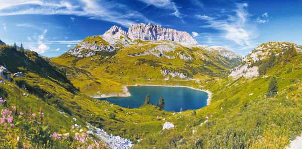 Scenic view of lake and mountains against sky