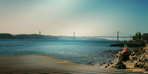 View of suspension bridge over river