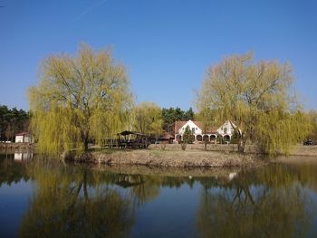 Scenic view of lake by building against clear blue sky